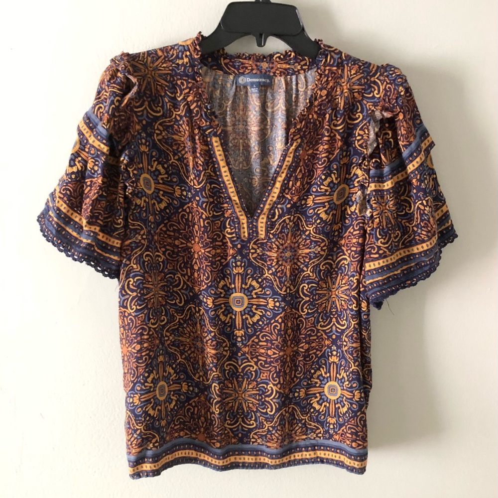 Democracy Navy and Rust Paisley V-Neck Boho Peasant Rayon Blouse